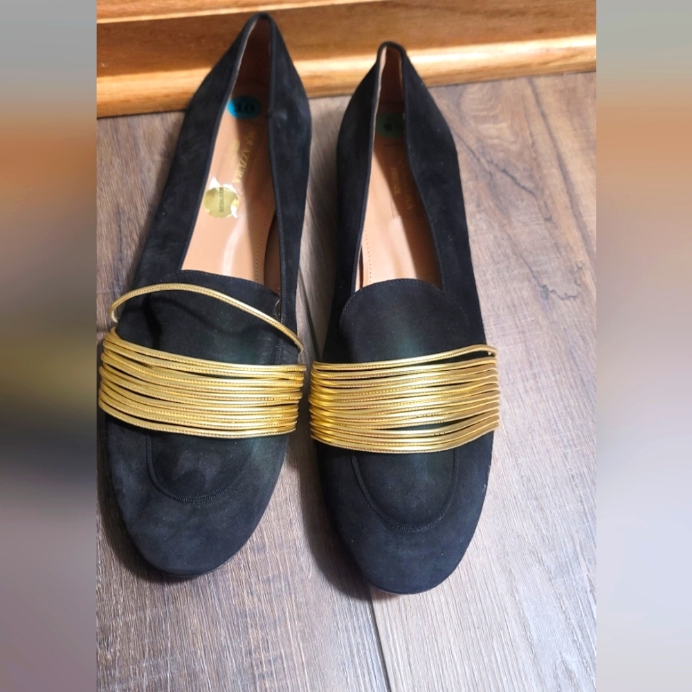 Aquazurra Christy elegant Black and Gold Women's Loafers Size 9.5/10
